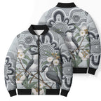 Australia Grey Butcherbird Bomber Puffer Jacket Eucalyptus Alba Indigenous Art - Aussie Hoodie