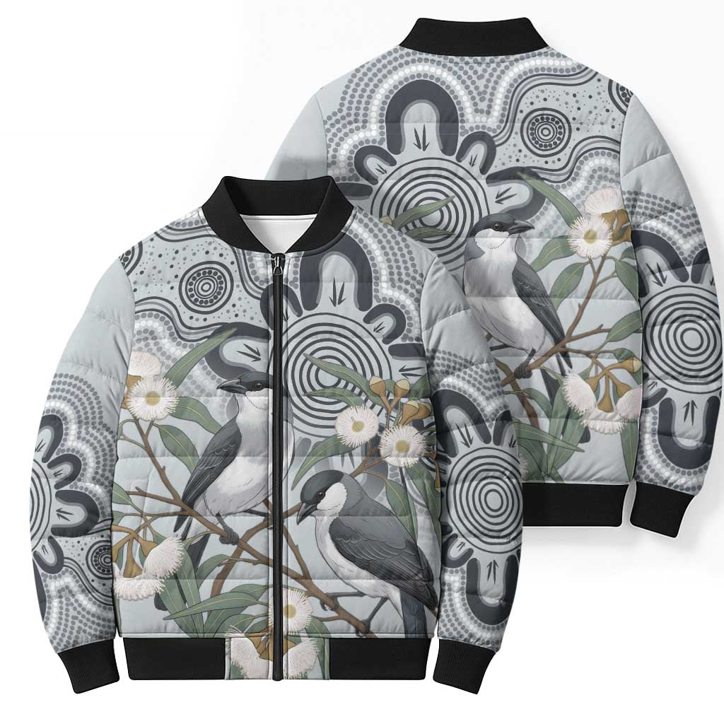 Australia Grey Butcherbird Bomber Puffer Jacket Eucalyptus Alba Indigenous Art - Aussie Hoodie