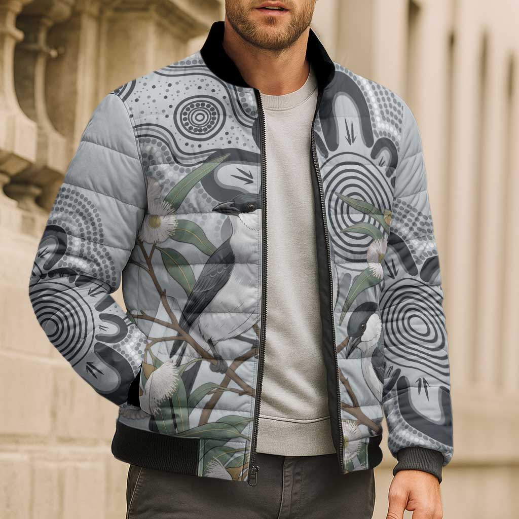 Australia Grey Butcherbird Bomber Puffer Jacket Eucalyptus Alba Indigenous Art - Aussie Hoodie