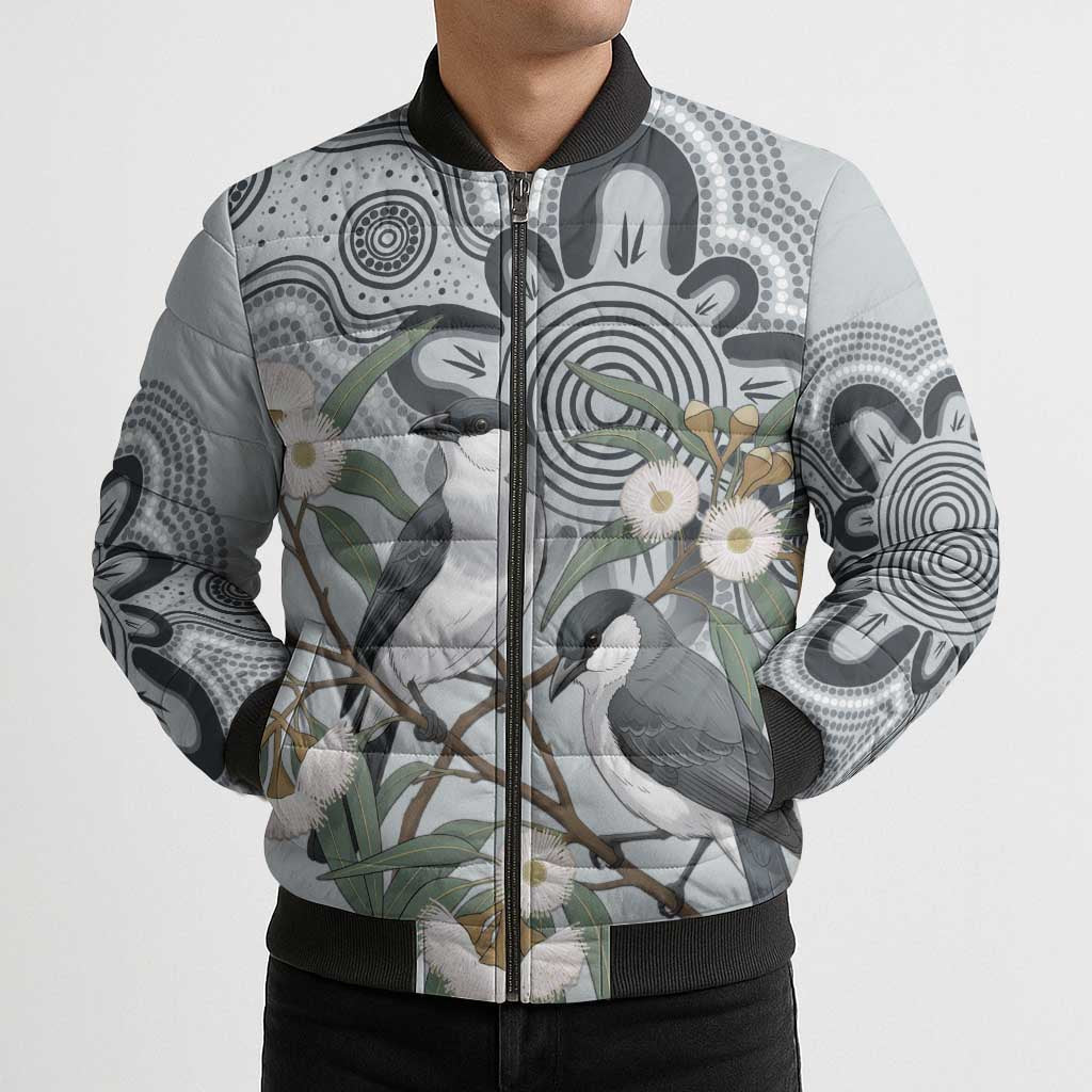 Australia Grey Butcherbird Bomber Puffer Jacket Eucalyptus Alba Indigenous Art - Aussie Hoodie