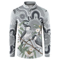 Australia Grey Butcherbird Button Sweatshirt Eucalyptus Alba Indigenous Art - Aussie Hoodie