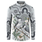 Australia Grey Butcherbird Button Sweatshirt Eucalyptus Alba Indigenous Art - Aussie Hoodie
