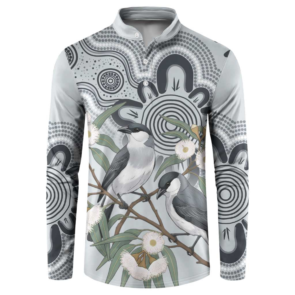 Australia Grey Butcherbird Button Sweatshirt Eucalyptus Alba Indigenous Art - Aussie Hoodie