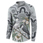 Australia Grey Butcherbird Button Sweatshirt Eucalyptus Alba Indigenous Art - Aussie Hoodie