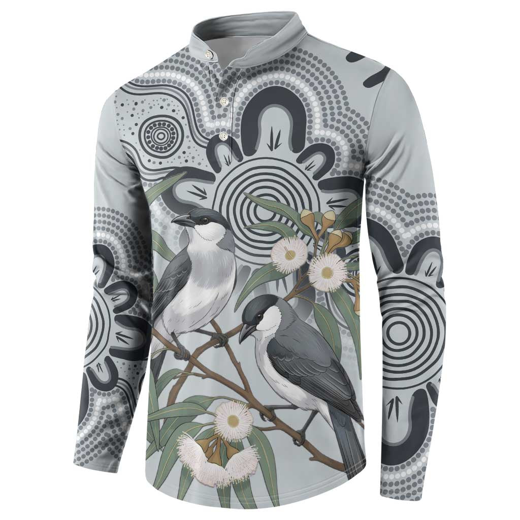 Australia Grey Butcherbird Button Sweatshirt Eucalyptus Alba Indigenous Art - Aussie Hoodie