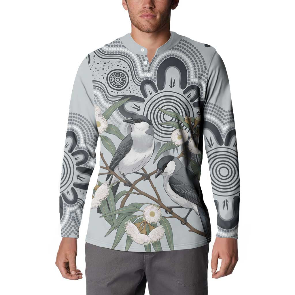 Australia Grey Butcherbird Button Sweatshirt Eucalyptus Alba Indigenous Art - Aussie Hoodie