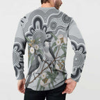 Australia Grey Butcherbird Button Sweatshirt Eucalyptus Alba Indigenous Art - Aussie Hoodie