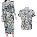 Australia Grey Butcherbird Couples Matching Long Sleeve Bodycon Dress and Hawaiian Shirt Eucalyptus Alba Indigenous Art - Aussie Hoodie