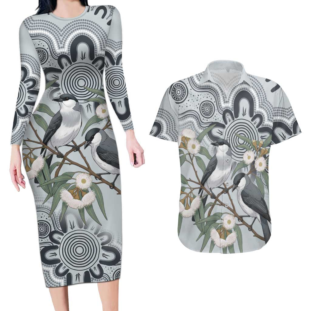 Australia Grey Butcherbird Couples Matching Long Sleeve Bodycon Dress and Hawaiian Shirt Eucalyptus Alba Indigenous Art - Aussie Hoodie