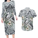 Australia Grey Butcherbird Couples Matching Long Sleeve Bodycon Dress and Hawaiian Shirt Eucalyptus Alba Indigenous Art - Aussie Hoodie
