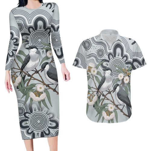 Australia Grey Butcherbird Couples Matching Long Sleeve Bodycon Dress and Hawaiian Shirt Eucalyptus Alba Indigenous Art - Aussie Hoodie