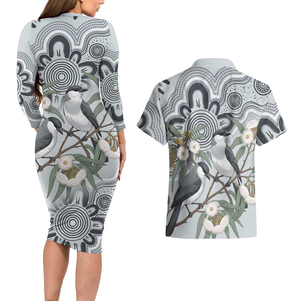 Australia Grey Butcherbird Couples Matching Long Sleeve Bodycon Dress and Hawaiian Shirt Eucalyptus Alba Indigenous Art - Aussie Hoodie