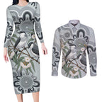 Australia Grey Butcherbird Couples Matching Long Sleeve Bodycon Dress and Long Sleeve Button Shirt Eucalyptus Alba Indigenous Art - Aussie Hoodie