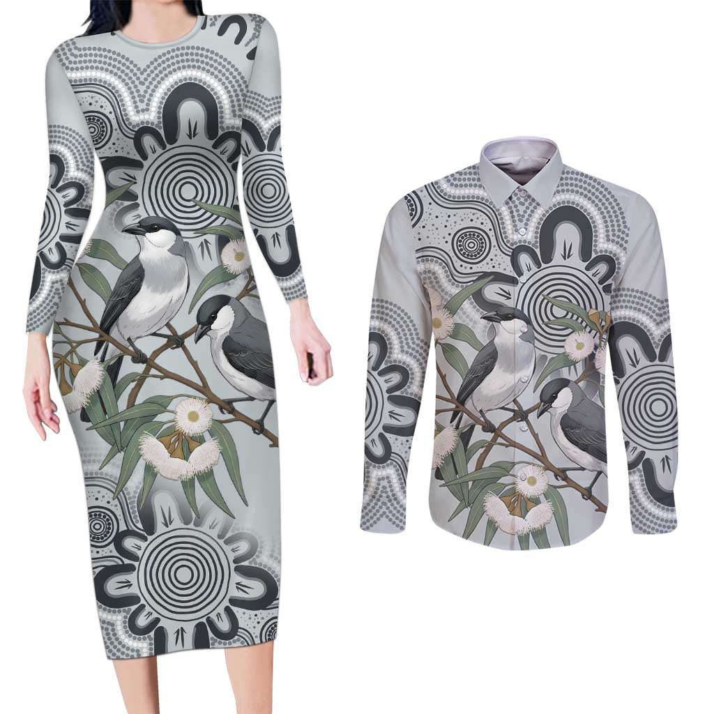 Australia Grey Butcherbird Couples Matching Long Sleeve Bodycon Dress and Long Sleeve Button Shirt Eucalyptus Alba Indigenous Art - Aussie Hoodie