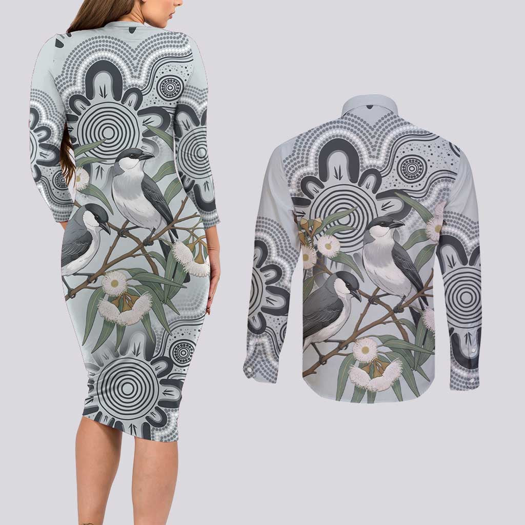 Australia Grey Butcherbird Couples Matching Long Sleeve Bodycon Dress and Long Sleeve Button Shirt Eucalyptus Alba Indigenous Art - Aussie Hoodie
