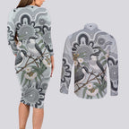 Australia Grey Butcherbird Couples Matching Long Sleeve Bodycon Dress and Long Sleeve Button Shirt Eucalyptus Alba Indigenous Art - Aussie Hoodie