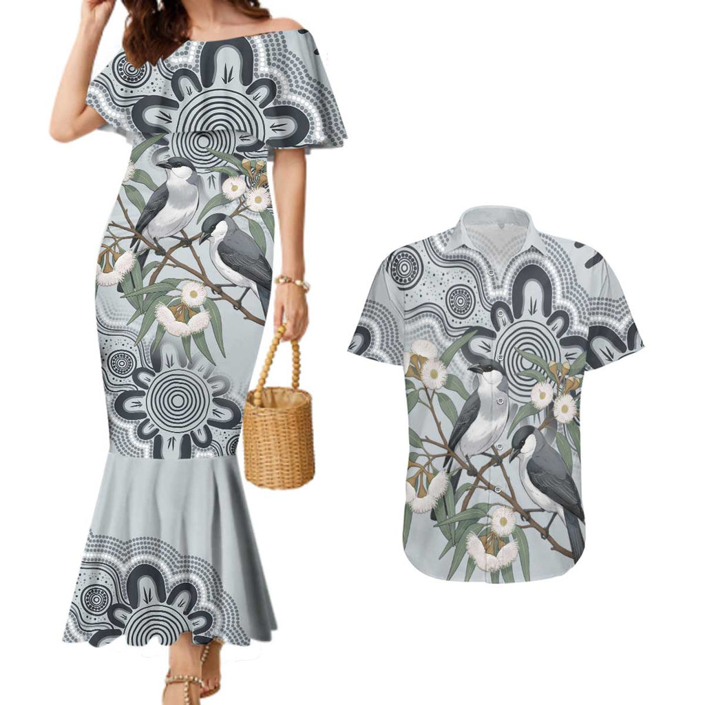 Australia Grey Butcherbird Couples Matching Mermaid Dress and Hawaiian Shirt Eucalyptus Alba Indigenous Art - Aussie Hoodie