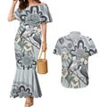 Australia Grey Butcherbird Couples Matching Mermaid Dress and Hawaiian Shirt Eucalyptus Alba Indigenous Art - Aussie Hoodie