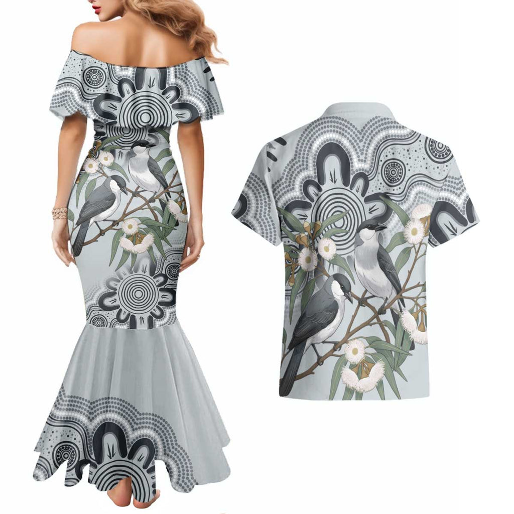 Australia Grey Butcherbird Couples Matching Mermaid Dress and Hawaiian Shirt Eucalyptus Alba Indigenous Art - Aussie Hoodie