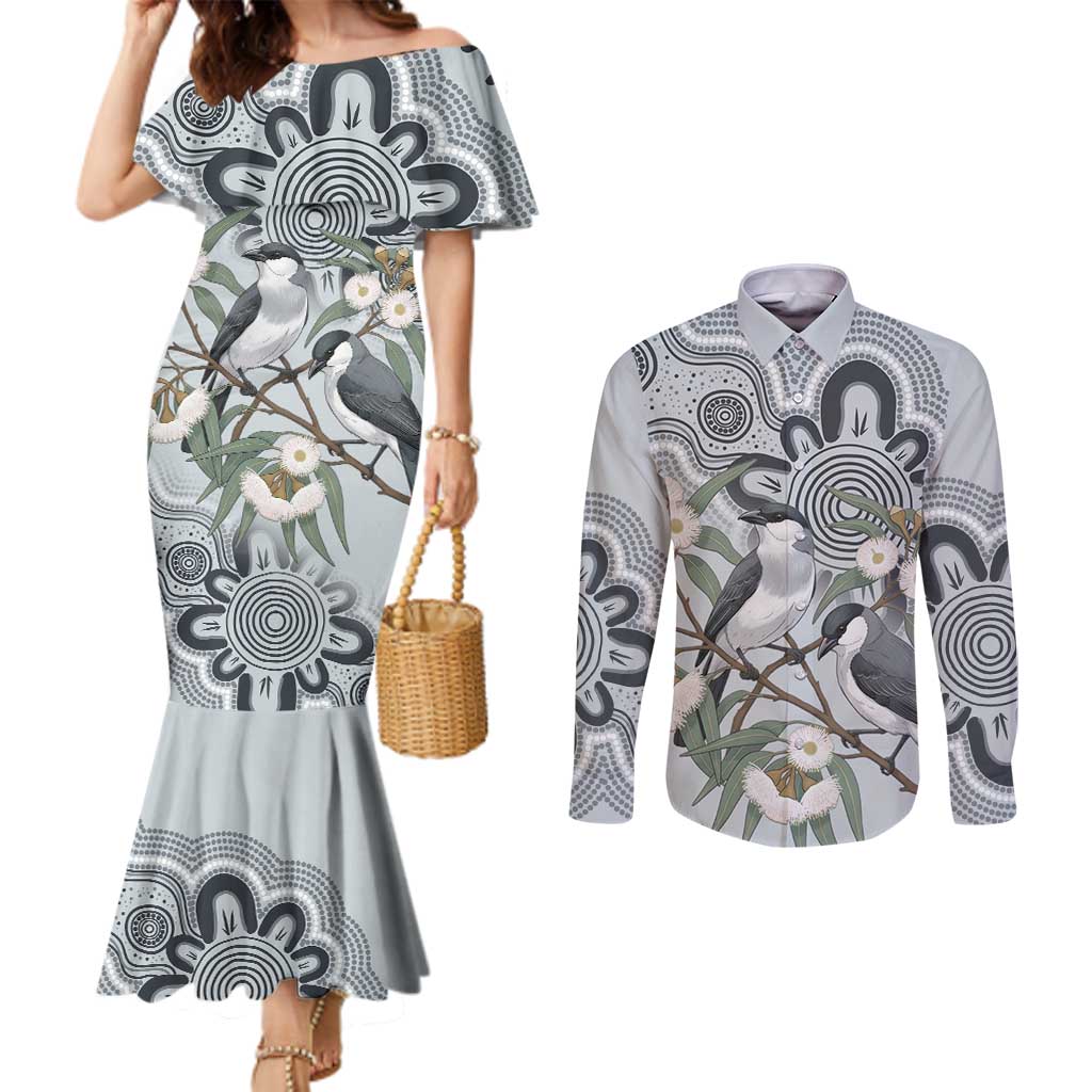 Australia Grey Butcherbird Couples Matching Mermaid Dress and Long Sleeve Button Shirt Eucalyptus Alba Indigenous Art - Aussie Hoodie