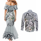 Australia Grey Butcherbird Couples Matching Mermaid Dress and Long Sleeve Button Shirt Eucalyptus Alba Indigenous Art - Aussie Hoodie