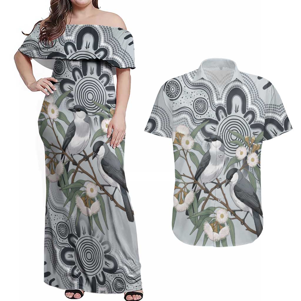 Australia Grey Butcherbird Couples Matching Off Shoulder Maxi Dress and Hawaiian Shirt Eucalyptus Alba Indigenous Art - Aussie Hoodie