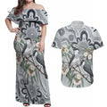Australia Grey Butcherbird Couples Matching Off Shoulder Maxi Dress and Hawaiian Shirt Eucalyptus Alba Indigenous Art - Aussie Hoodie