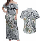 Australia Grey Butcherbird Couples Matching Off Shoulder Maxi Dress and Hawaiian Shirt Eucalyptus Alba Indigenous Art - Aussie Hoodie