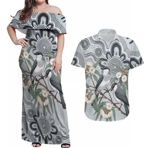 Australia Grey Butcherbird Couples Matching Off Shoulder Maxi Dress and Hawaiian Shirt Eucalyptus Alba Indigenous Art - Aussie Hoodie