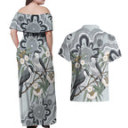 Australia Grey Butcherbird Couples Matching Off Shoulder Maxi Dress and Hawaiian Shirt Eucalyptus Alba Indigenous Art - Aussie Hoodie