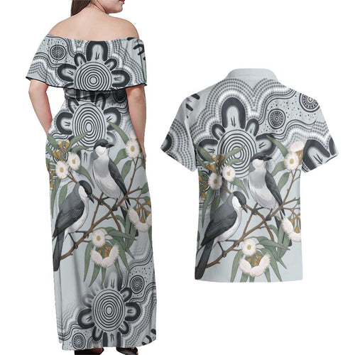 Australia Grey Butcherbird Couples Matching Off Shoulder Maxi Dress and Hawaiian Shirt Eucalyptus Alba Indigenous Art - Aussie Hoodie