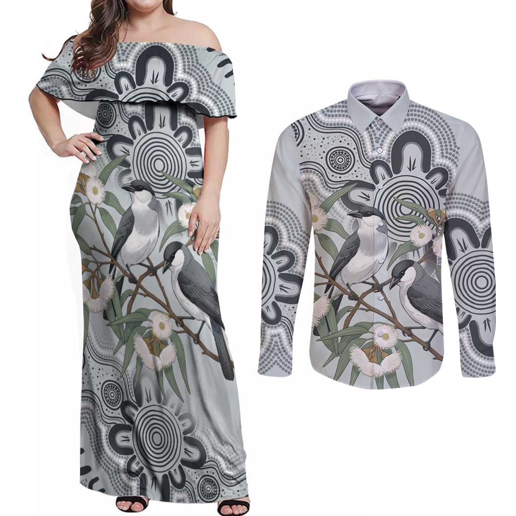 Australia Grey Butcherbird Couples Matching Off Shoulder Maxi Dress and Long Sleeve Button Shirt Eucalyptus Alba Indigenous Art - Aussie Hoodie