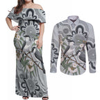 Australia Grey Butcherbird Couples Matching Off Shoulder Maxi Dress and Long Sleeve Button Shirt Eucalyptus Alba Indigenous Art - Aussie Hoodie
