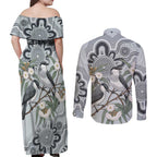 Australia Grey Butcherbird Couples Matching Off Shoulder Maxi Dress and Long Sleeve Button Shirt Eucalyptus Alba Indigenous Art - Aussie Hoodie