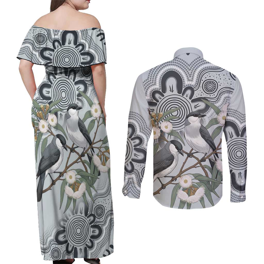 Australia Grey Butcherbird Couples Matching Off Shoulder Maxi Dress and Long Sleeve Button Shirt Eucalyptus Alba Indigenous Art - Aussie Hoodie