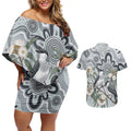 Australia Grey Butcherbird Couples Matching Off Shoulder Short Dress and Hawaiian Shirt Eucalyptus Alba Indigenous Art - Aussie Hoodie