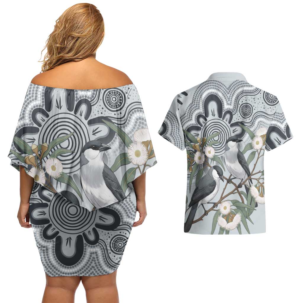 Australia Grey Butcherbird Couples Matching Off Shoulder Short Dress and Hawaiian Shirt Eucalyptus Alba Indigenous Art - Aussie Hoodie
