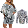 Australia Grey Butcherbird Couples Matching Off Shoulder Short Dress and Long Sleeve Button Shirt Eucalyptus Alba Indigenous Art - Aussie Hoodie