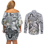 Australia Grey Butcherbird Couples Matching Off Shoulder Short Dress and Long Sleeve Button Shirt Eucalyptus Alba Indigenous Art - Aussie Hoodie