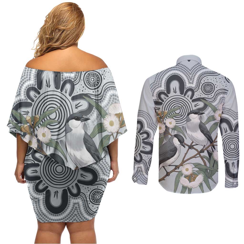 Australia Grey Butcherbird Couples Matching Off Shoulder Short Dress and Long Sleeve Button Shirt Eucalyptus Alba Indigenous Art - Aussie Hoodie