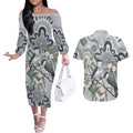 Australia Grey Butcherbird Couples Matching Off The Shoulder Long Sleeve Dress and Hawaiian Shirt Eucalyptus Alba Indigenous Art - Aussie Hoodie