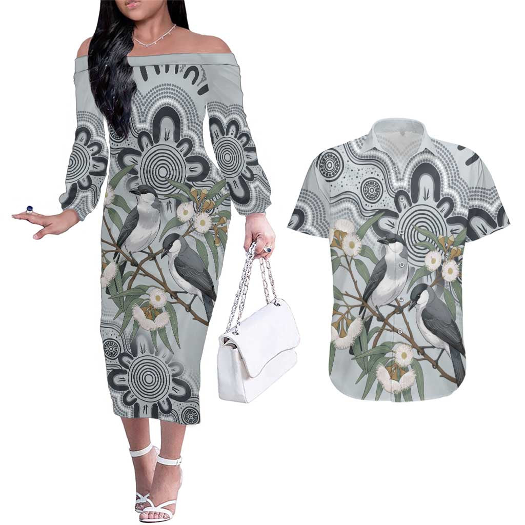 Australia Grey Butcherbird Couples Matching Off The Shoulder Long Sleeve Dress and Hawaiian Shirt Eucalyptus Alba Indigenous Art - Aussie Hoodie