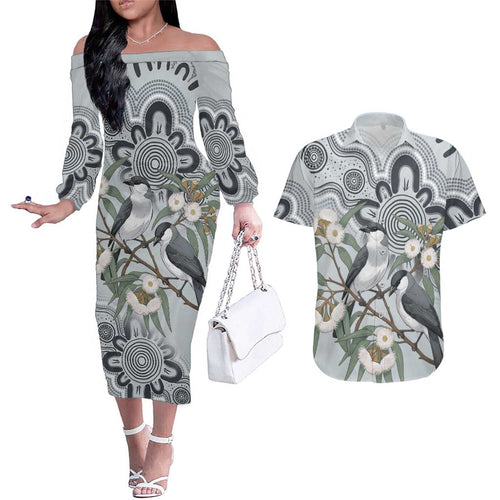 Australia Grey Butcherbird Couples Matching Off The Shoulder Long Sleeve Dress and Hawaiian Shirt Eucalyptus Alba Indigenous Art - Aussie Hoodie