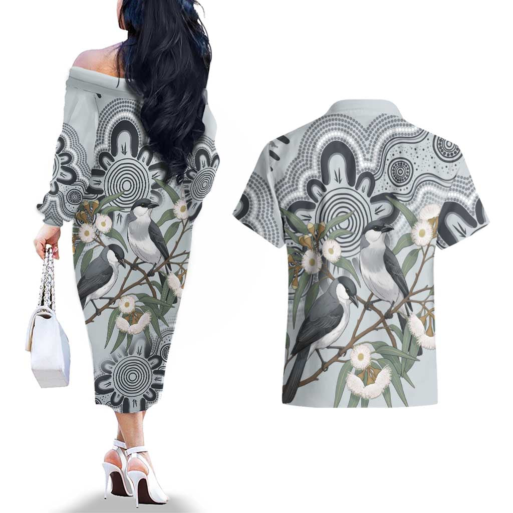 Australia Grey Butcherbird Couples Matching Off The Shoulder Long Sleeve Dress and Hawaiian Shirt Eucalyptus Alba Indigenous Art - Aussie Hoodie