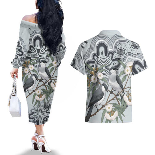 Australia Grey Butcherbird Couples Matching Off The Shoulder Long Sleeve Dress and Hawaiian Shirt Eucalyptus Alba Indigenous Art - Aussie Hoodie