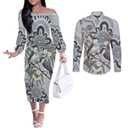 Australia Grey Butcherbird Couples Matching Off The Shoulder Long Sleeve Dress and Long Sleeve Button Shirt Eucalyptus Alba Indigenous Art - Aussie Hoodie