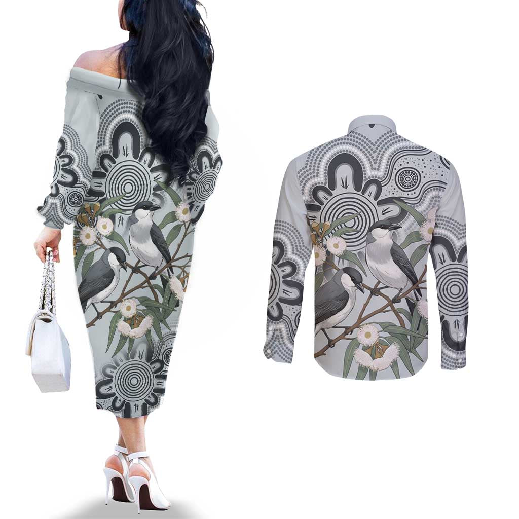 Australia Grey Butcherbird Couples Matching Off The Shoulder Long Sleeve Dress and Long Sleeve Button Shirt Eucalyptus Alba Indigenous Art - Aussie Hoodie