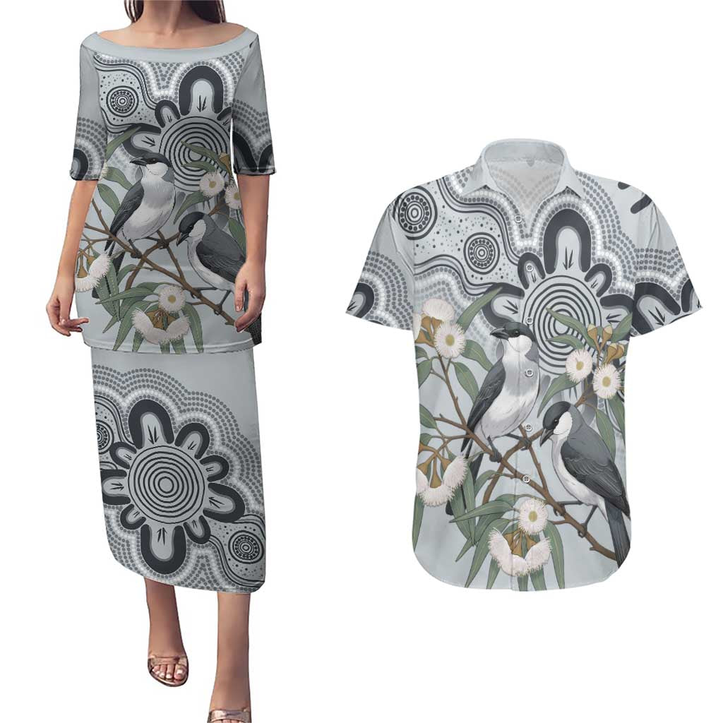 Australia Grey Butcherbird Couples Matching Puletasi and Hawaiian Shirt Eucalyptus Alba Indigenous Art - Aussie Hoodie