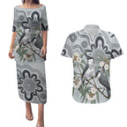 Australia Grey Butcherbird Couples Matching Puletasi and Hawaiian Shirt Eucalyptus Alba Indigenous Art - Aussie Hoodie