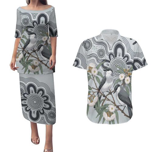 Australia Grey Butcherbird Couples Matching Puletasi and Hawaiian Shirt Eucalyptus Alba Indigenous Art - Aussie Hoodie